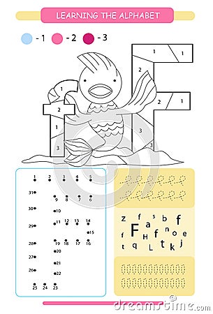 Letter F and funny cartoon fish. Animals alphabet a-z. Coloring page. Printable worksheet. Handwriting practice. Connect the dots. Vector Illustration